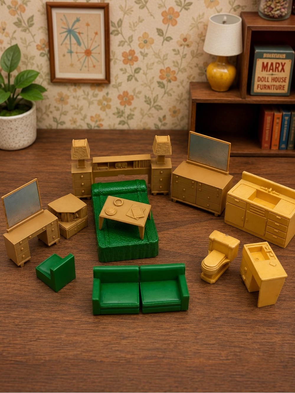 Vintage Marx Dollhouse Miniature Furniture Lot 12 Pc Plastic 1950s 1960s green